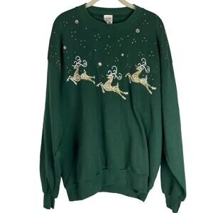 Vintage Christmas sweatshirt reindeer glitter paint jeweled